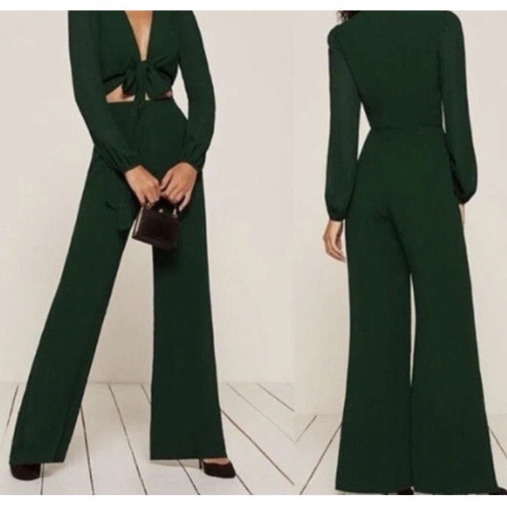 Reformation Sz 4 Emerald Green Long Sleeve Tie Cut Out Front Wide Leg Jumpsuit - Picture 3 of 13
